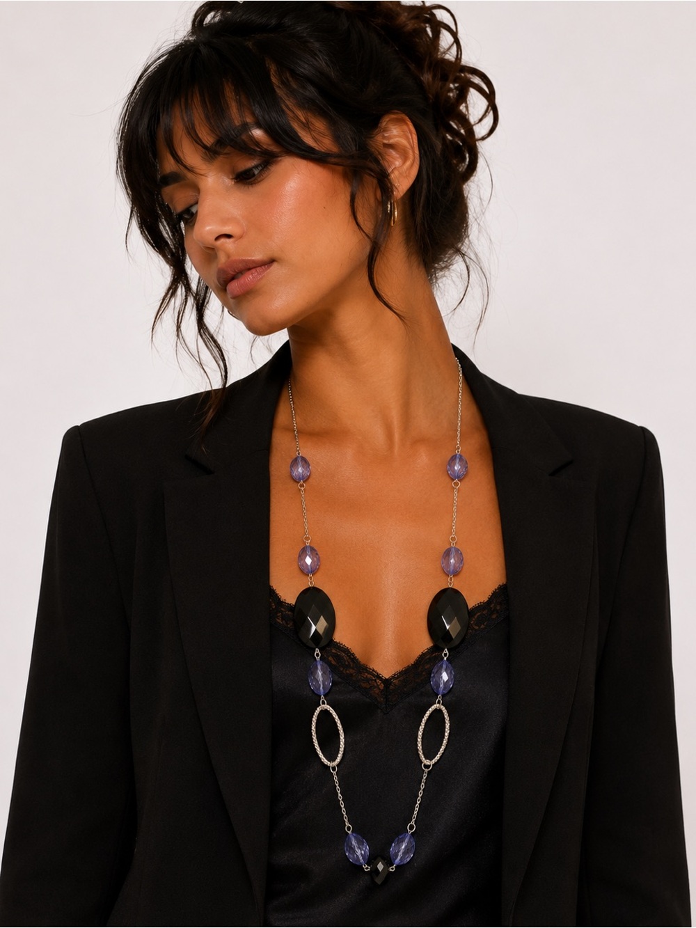 Long Boho Glass Beaded Statement Necklace Purple Black Silver‎ Tone Modern 16”